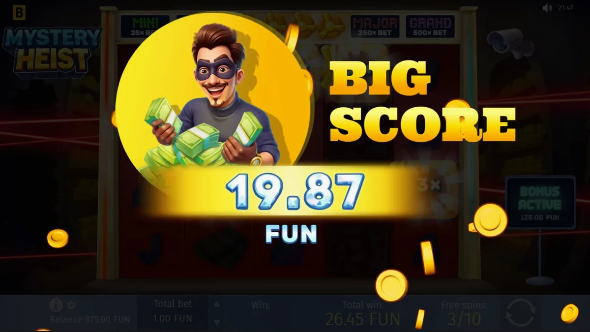 Tampilan visual slot Mystery Heist dengan tema perampokan brankas