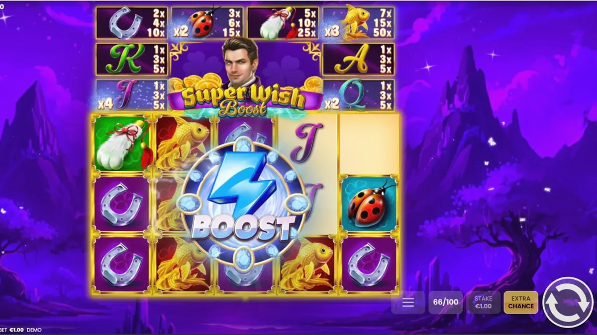 Tampilan visual slot Super Wish Boost dengan tema fantasi dan simbol keberuntungan.