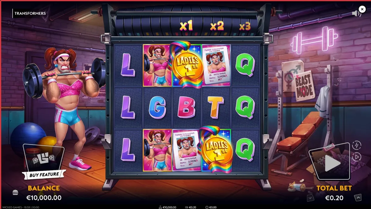 Tampilan visual slot Transformers dengan gaya neon-noir dan karakter utama yang kuat.