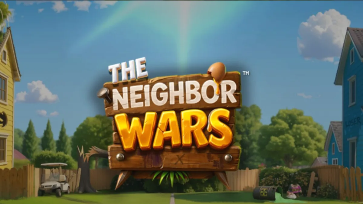 Tampilan visual slot The Neighbor Wars dengan karakter kartun dan elemen perseteruan tetangga
